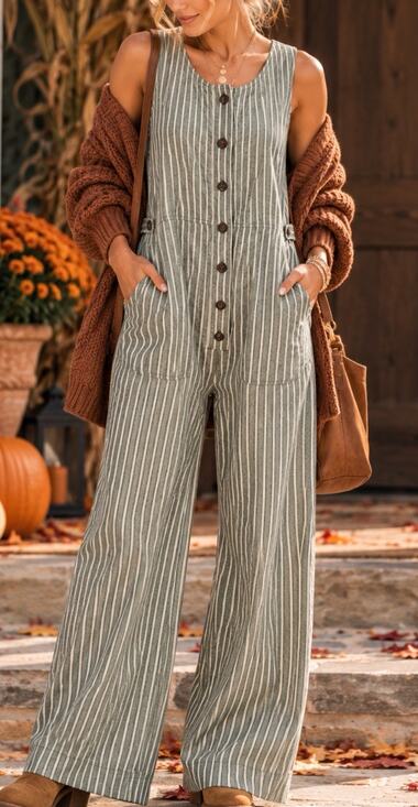 Duluth Trading Co Pants - Duluth Trading Co Women 12 Hemp Jumpsuit Green Stripe Wide Leg Overalls NWT NEW